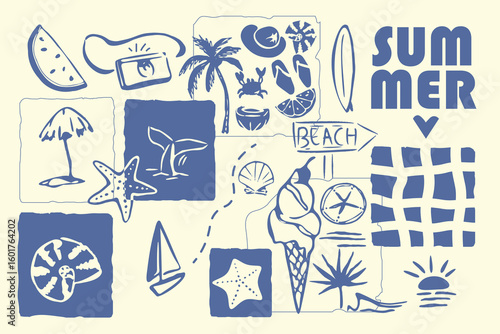Set of Tropical summer beach line art collectionSummer and Beach Related Doodle Illustration. Modern Design Vector Illustration