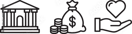 Icons Illustrating Banking and Finance Combined with Charity and Generosity Depicting Investment Donation and Social Responsibility Conceptually Representing Ethical