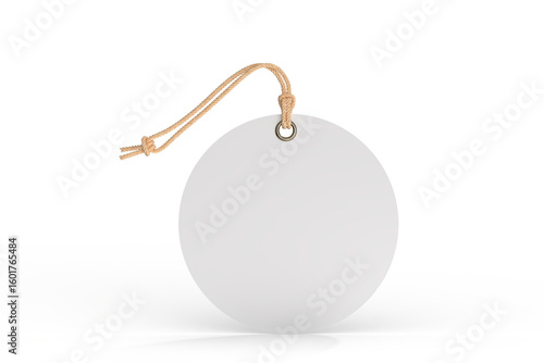 3D blank circle cardboard paper hang tags, price tags or cloth labels mockup with string isolated on background. Tag realistic template for presents branding, shopping label, wedding tag, gift tag