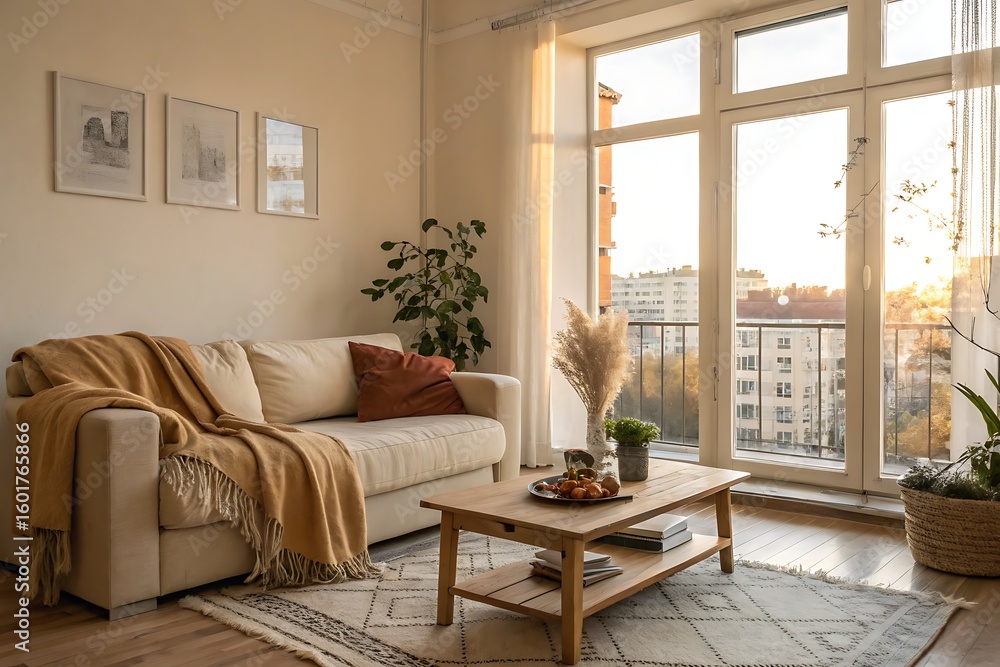 Fototapeta premium Cozy Living Room with Natural Light and Beautiful View of Cityscape at Sunset