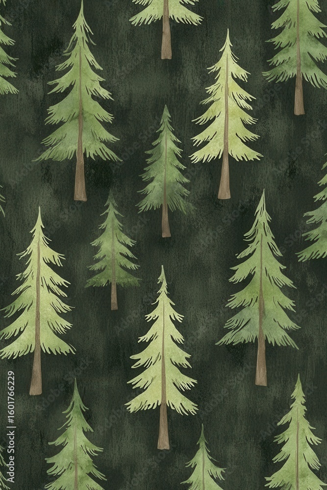 Obraz premium A beautifully illustrated pattern featuring green pine trees on a dark forest backdrop, creating a serene and natural atmosphere ideal for woodland-themed projects.