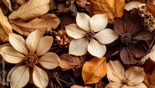 Dried flowers and leaves in muted autumnal tones