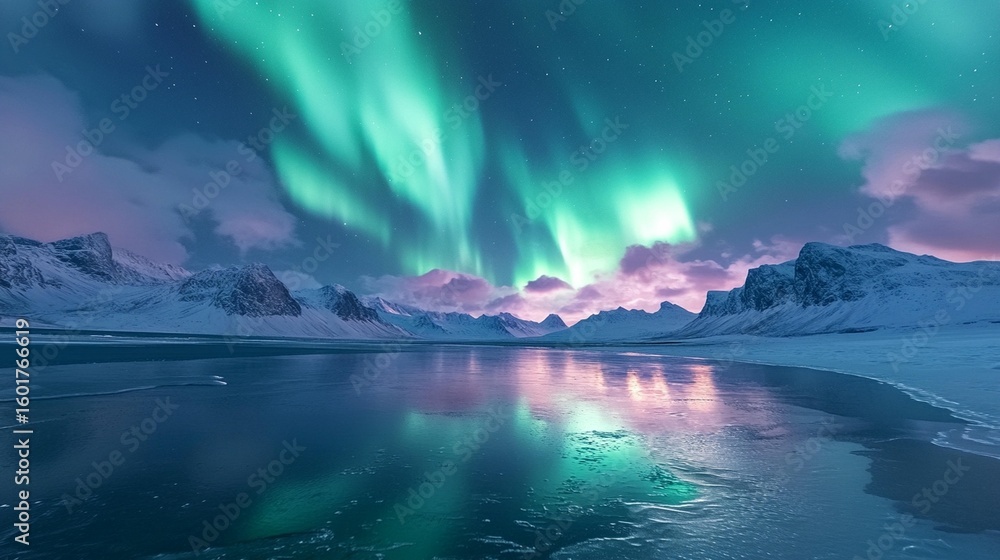 Naklejka premium Aurora Borealis over Frozen Lake