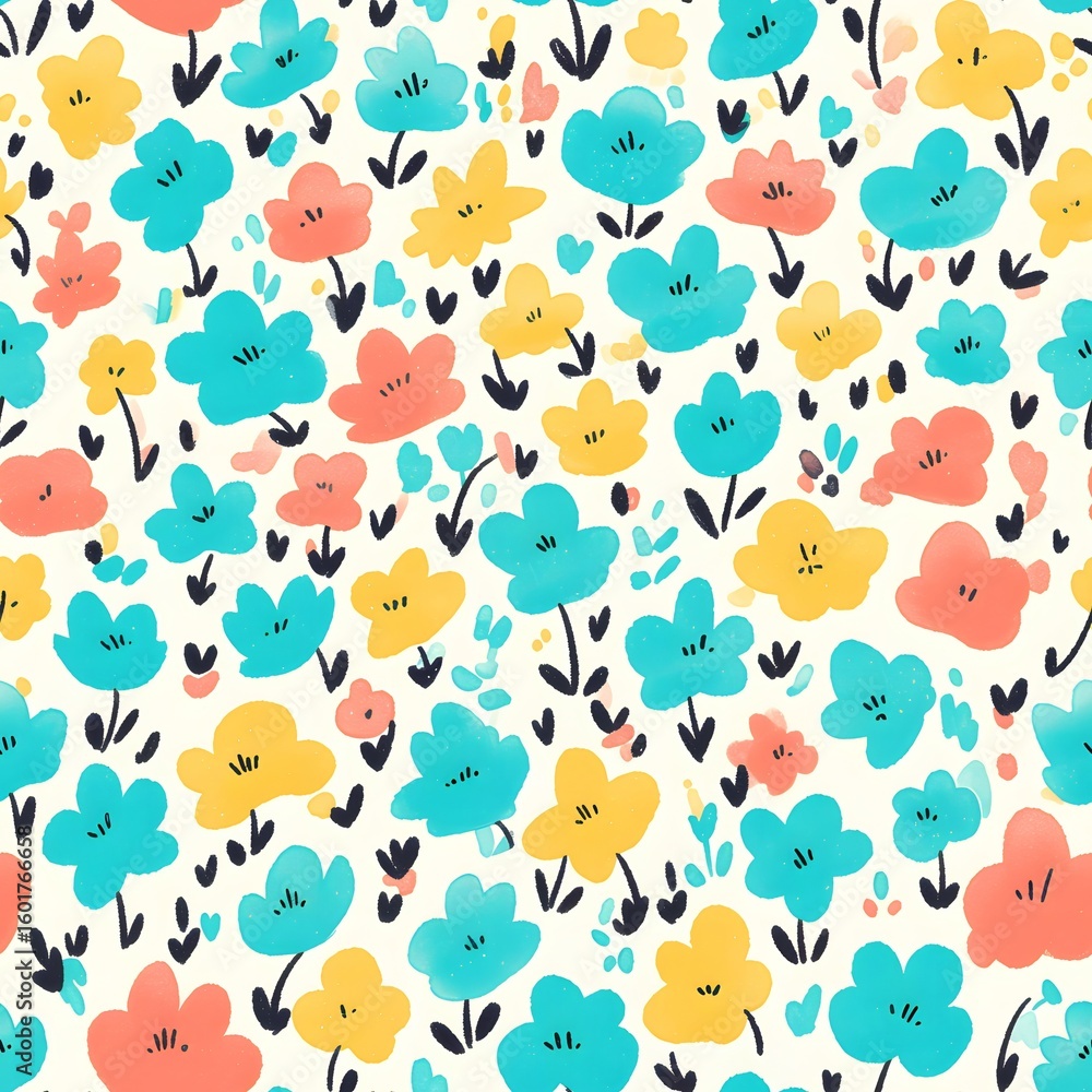 Fototapeta premium Colorful seamless pattern with hand drawn flowers and leaves on white background for spring or summer design.