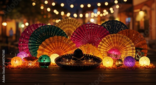A vibrant display of day of the dead decorations featuring colorful paper fans and glowing