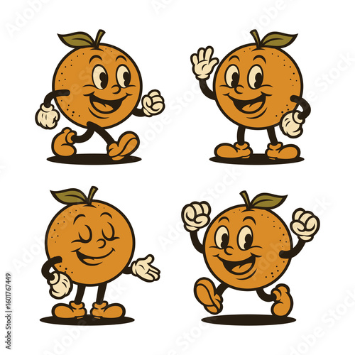 Cartoon orange fruit mascot in vintage style, with different poses, vector illustration