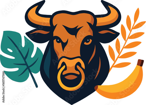 🌀 BOLD & TROPICAL! This AI-crafted bull head with banana, leaves, and grain offers a fierce yet fun twist—ideal for logos, branding, and merch. Download now and charge up your style! 💪🍌🌿

