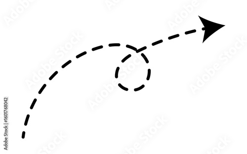 A dynamic concept of a dotted line arrow curving in a spiral, representing a non-linear journey, innovation, and strategic direction towards a goal.
