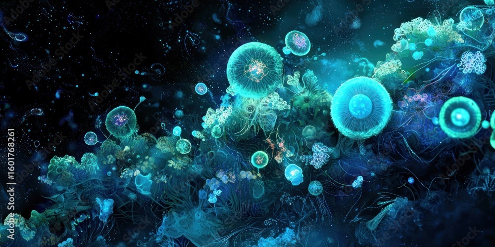 Fototapeta premium A digital art piece showcasing a bioluminescent microbial ecosystem