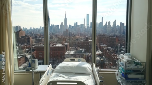Hospital room with panoramic city view