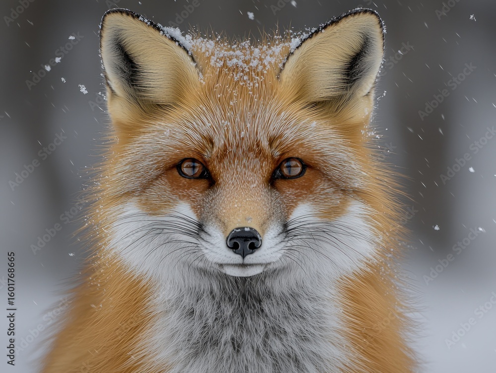 Obraz premium Close-up of a red fox in winter. Snow falls around the face