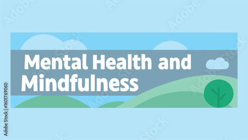 Serene Landscape Illustration: Mental Health and Mindfulness Concept, Pastel Color Palette, Calming Mood, Peaceful Hills, Simple Tree Graphic, Wellness Theme, Modern Design, Stock Photo.