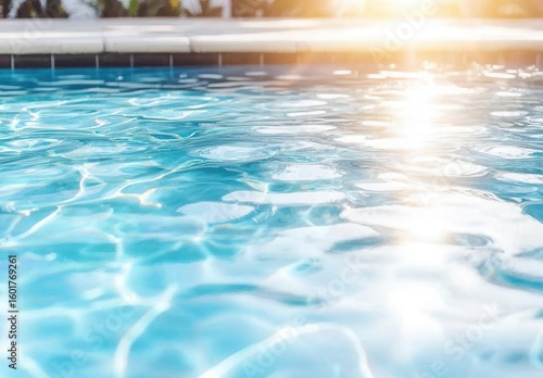 A serene close-up of shimmering turquoise water in a pool, capturing the gentle ripples reflecting sunlight, evoking a tranquil and refreshing summer vibe.