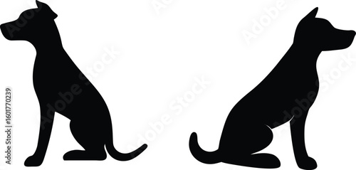 Set of two sitting dog silhouettes facing opposite directions, pet vector