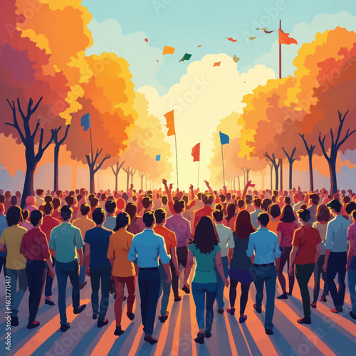 A large crowd of people marches towards a bright sunrise, celebrating with flags and confetti under autumn trees.