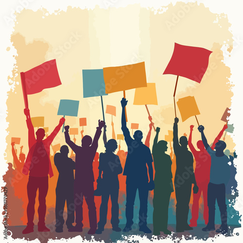A crowd of diverse protestors raise signs and flags in a unified demonstration of dissent.