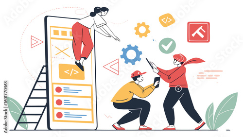Collaborative Mobile App Development Team:  Flat Design Illustration Showing Diverse Designers Working Together on UI/UX, Coding, and Testing Processes for a Modern, User-Friendly Application.