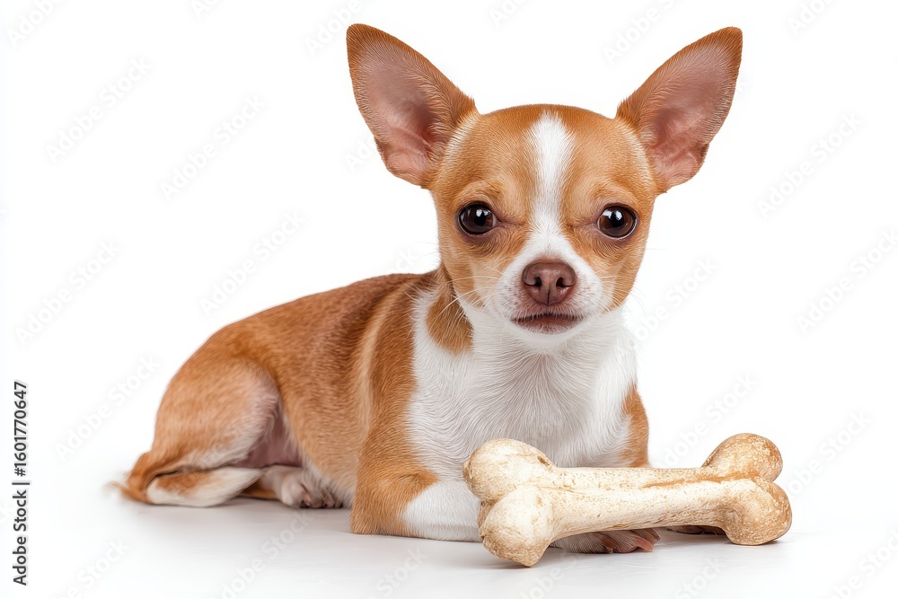Obraz premium Chihuahua and bone on white backdrop