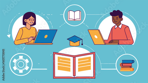 Online Collaborative Learning: Diverse Students Using Laptops, Connected by Books, Graduation Cap, and Knowledge Icons; Flat Design, Positive and Upbeat Mood.