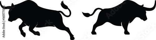 Set of Black Bull Silhouettes in Charging Pose – Vector Power Animal Design