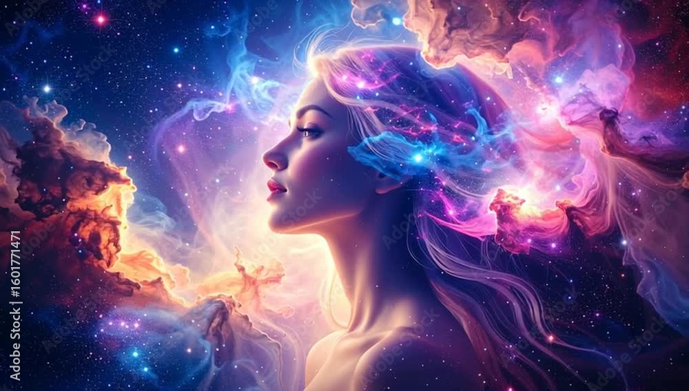 A serene portrait of a woman with a galaxy mind. This captivating image blends ethereal beauty with the vastness of the cosmos A serene portrait of a woman with a galaxy mind. This captivating image blends ethereal beauty with the vastness of the cosmos
