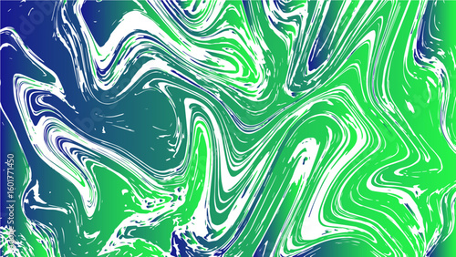 Abstract vivid fluid art background with swirling marbled patterns in electric green, cyan, and white. Flows with chaotic, organic shapes resembling liquid or melted. Dynamic and intense vibea