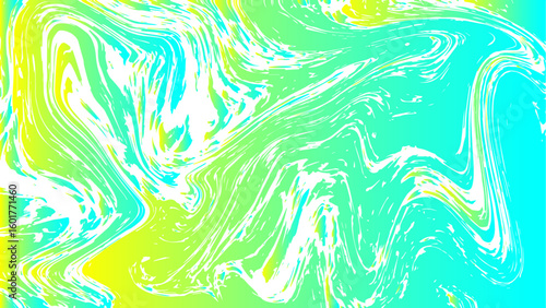 Abstract vivid fluid art background with swirling marbled patterns in electric green, cyan, and white. Flows with chaotic, organic shapes resembling liquid or melted. Dynamic and intense vibea