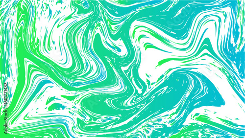 Abstract vivid fluid art background with swirling marbled patterns in electric green, cyan, and white. Flows with chaotic, organic shapes resembling liquid or melted. Dynamic and intense vibea
