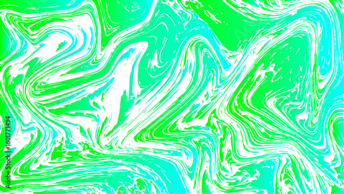 Abstract vivid fluid art background with swirling marbled patterns in electric green, cyan, and white. Flows with chaotic, organic shapes resembling liquid or melted. Dynamic and intense vibea