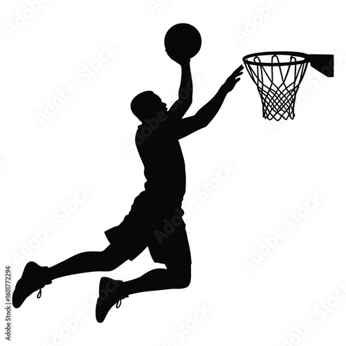 Black Silhouette Basketball Player Slam Dunking at Hoop.