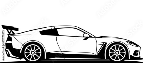 Sleek Black and White Graphic Illustration of a Modern Sports Car with Rear Wing
