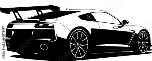 Sleek Black and White Graphic Illustration of a Modern Sports Car with Rear Wing
