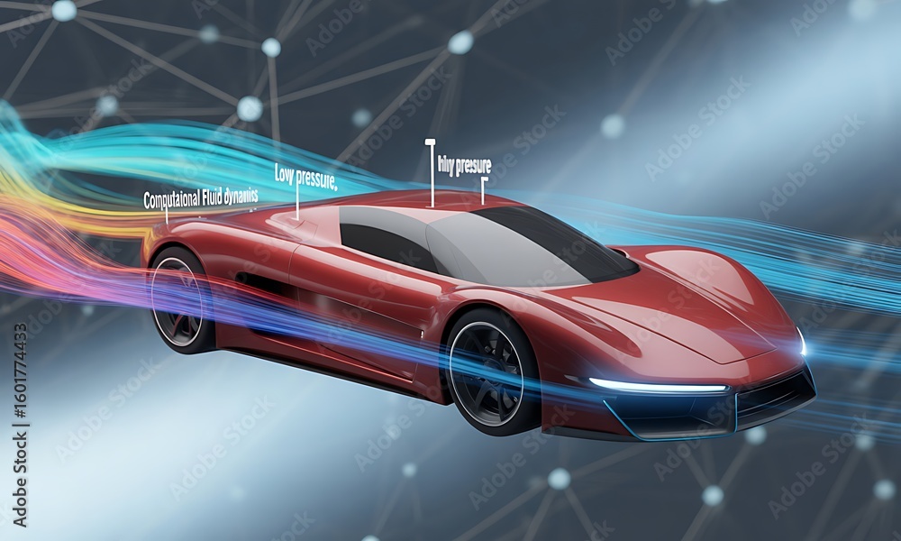 Fototapeta premium A futuristic red sports car, highlighted by airflow visualizations, demonstrates aerodynamic design principles.