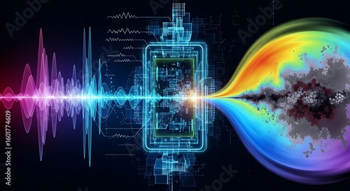 Abstract digital artwork depicting data flow from a circuit board, transforming into a vibrant, colorful energy stream.