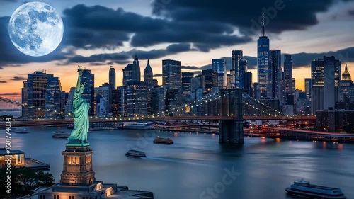 Iconic New York City Skyline at Dusk with Statue of Liberty, Brooklyn Bridge, and Full Moon, USA