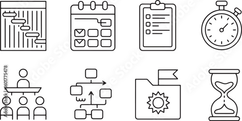Gantt chart calendar clipboard stopwatch hierarchy flowchart folder hourglass checklist
