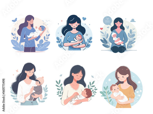 Set of Beautiful Motherhood Scene Style Flat Design Vector White Background