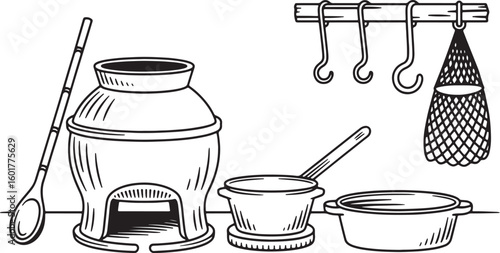 Clay Stove Cooking Pots and Utensils Illustration