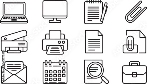 Office supplies and technology icons laptop monitor