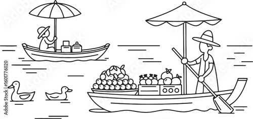 People paddling boats with fruit and ducks on water vector