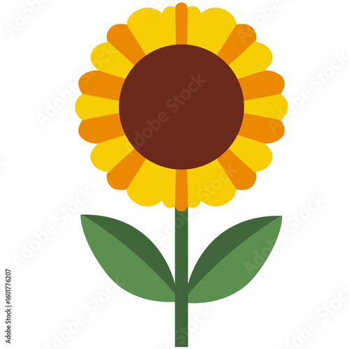 Classic sunflower with brown center, golden petals, and green leaves. Great for summer, farming, eco-friendly campaigns, or rustic wedding themes.
