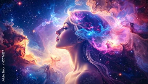 a woman's profile against a backdrop of a cosmic galaxy, exploring a creative mind