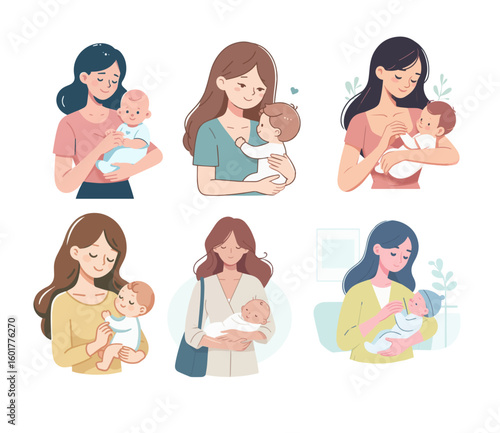 Set of Mom and Baby Love Style Flat Design Vector White Background
