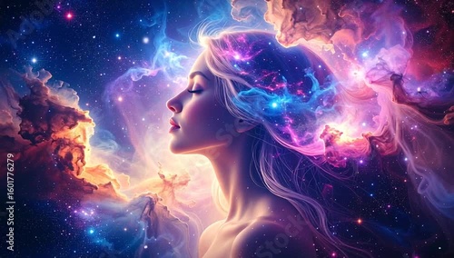 a woman's mind connected to the cosmos. the dreamy illustration shows a woman in deep thought with the universe and cosmic energy surrounding her