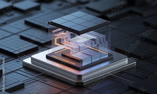 Close-up of a layered microchip with visible internal circuitry, showcasing advanced technology and intricate design.