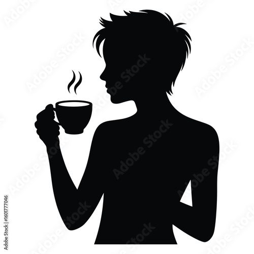Silhouette of Woman Drinking Coffee or Tea from Mug