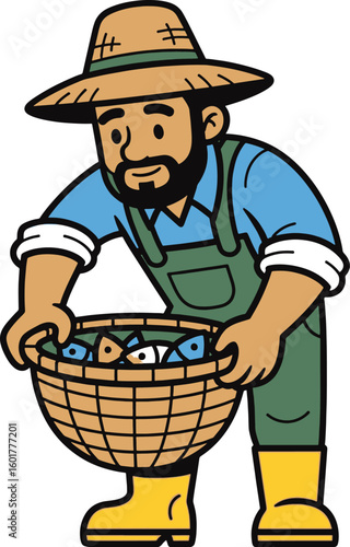 Vector illustration of a friendly fisherman in a straw hat and overalls with his daily catch of fish in a basket.