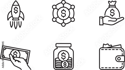 Finance Icon Set Representing Money, Investment, and Wealth Management with Diverse Symbols of Financial Transactions and Monetary Savings