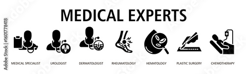 Medical Expert Web Banner Glyph icon vector illustration concept with icon of medical specialist, urologist, dermatologist, rheumatology, hematology, plastic surgery, chemotherapy