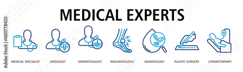 Medical Expert Web Banner Outline Dualtone icon vector illustration concept with icon of medical specialist, urologist, dermatologist, rheumatology, hematology, plastic surgery, chemotherapy